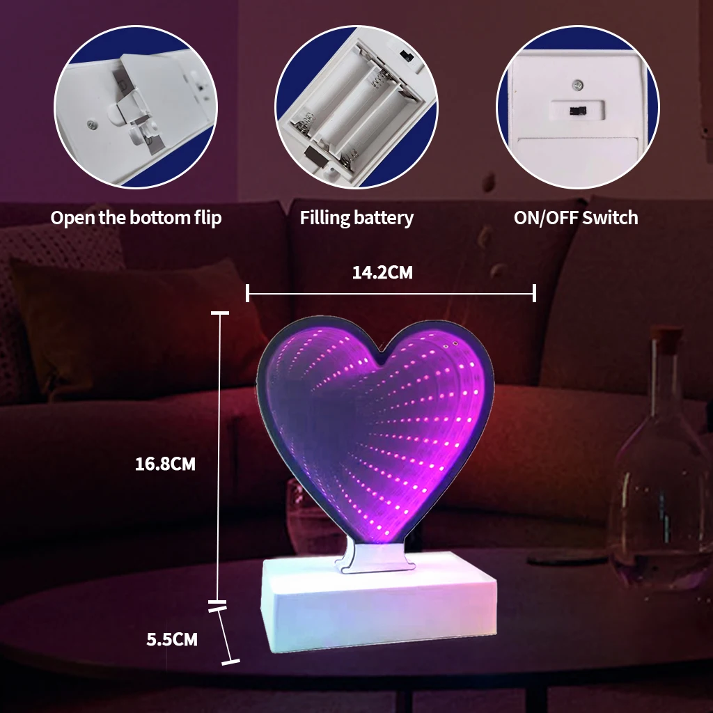 Valentines Day Pink Heart Mirror Lamp Stuffing Trending Valentines Deco Lights