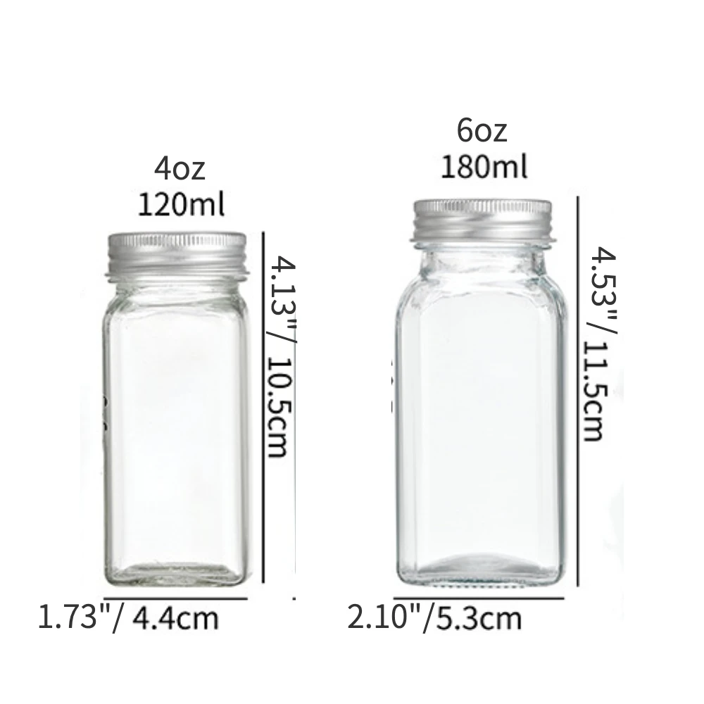 Glass Spice Jars with Spice Labels and Funnel Empty Square Spice Storage Bottles Containers with Shaker/Pour Lids 4oz 6oz