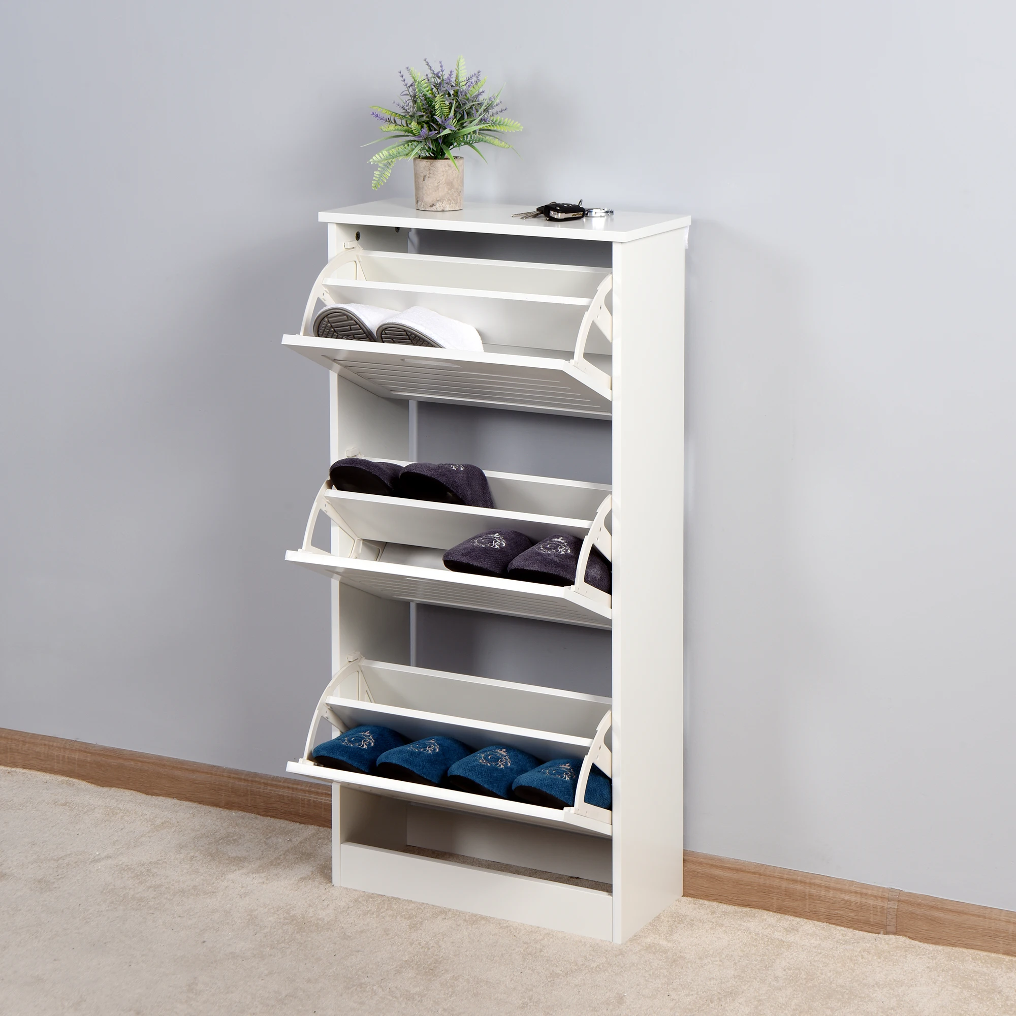 Elegant Large Capacity 3 Doors White Shoe Rack Storage Modern Wooden Shoe Cabinet