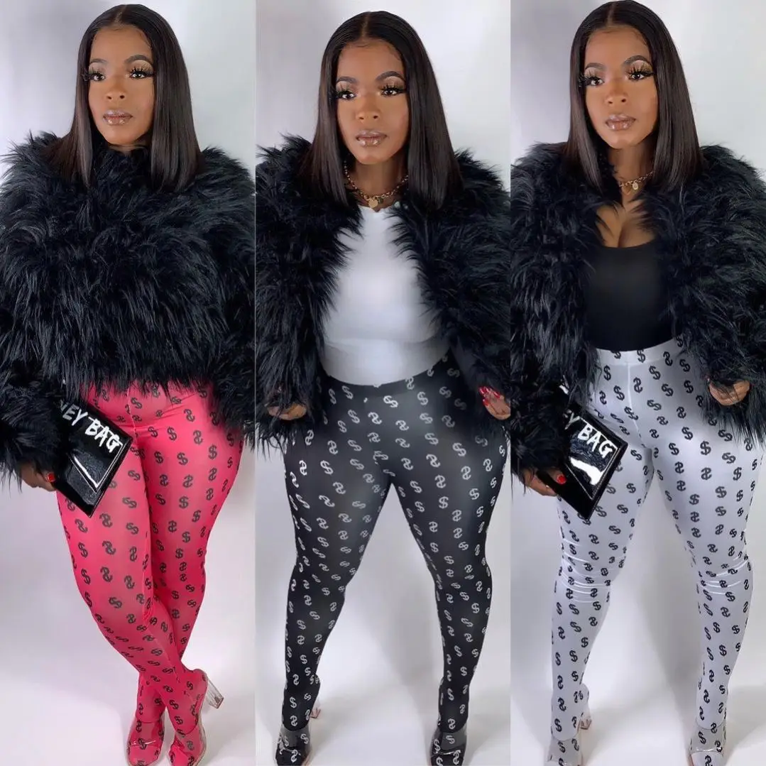 
2021 Fashion dollar sign overall print stocking foot pants fitness feminine money womancasual elasti track pants tights leggings 