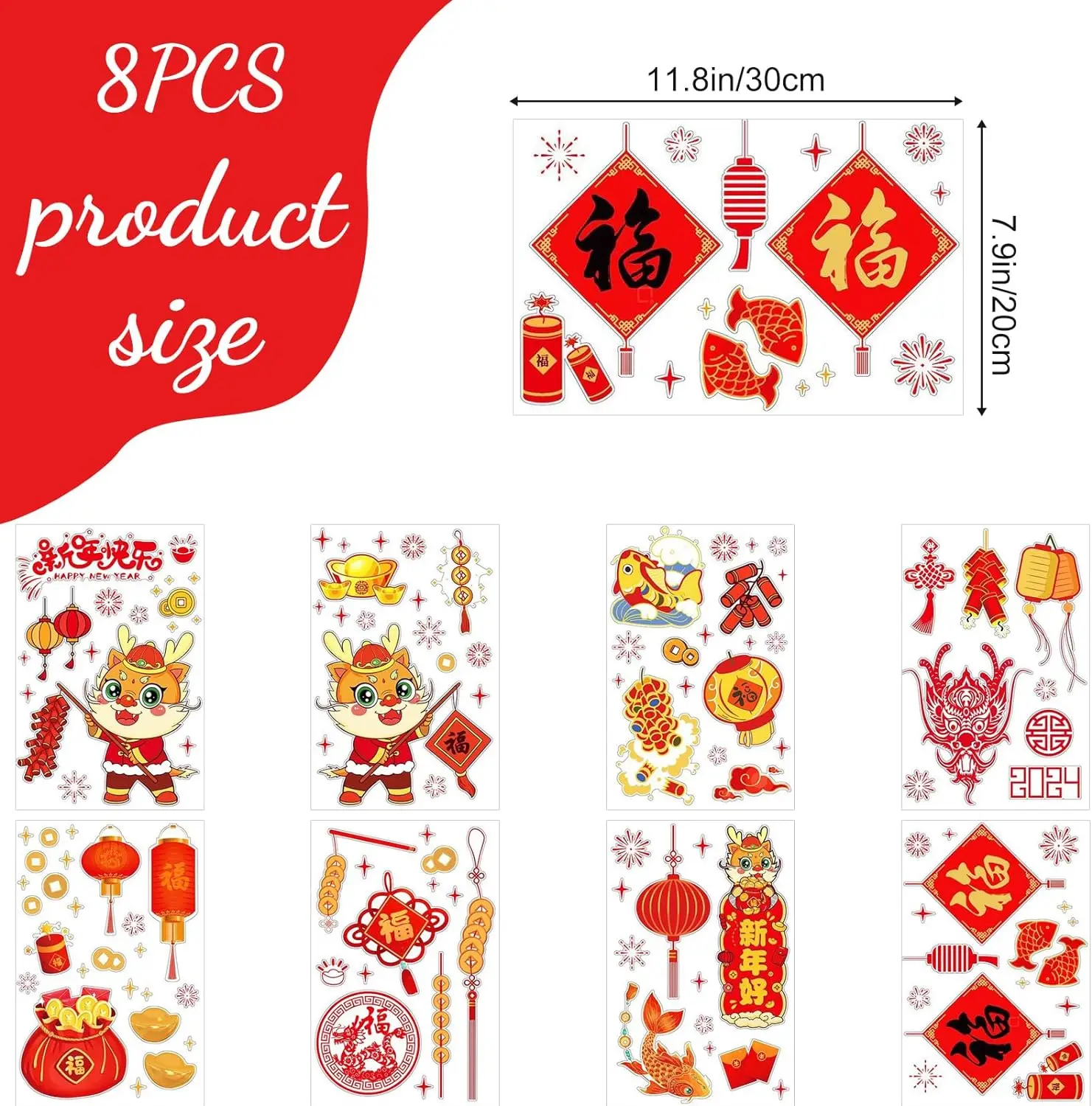 Chinese New Year Window Clings Chinese Zodiac Dragon Wall Door Stickers 2024 The Year of Dragon Fu Character Window Stickers