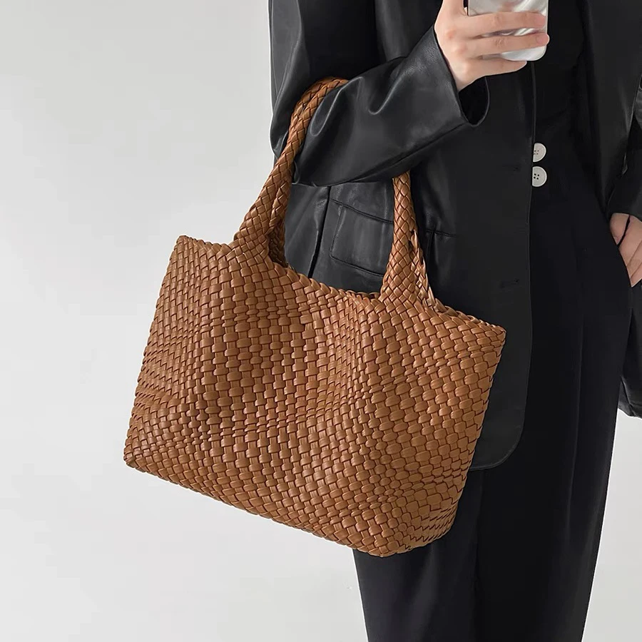 Travel Fashion Beach Soft Genuine Shoulder Women Woven Leather Large Tote Bag