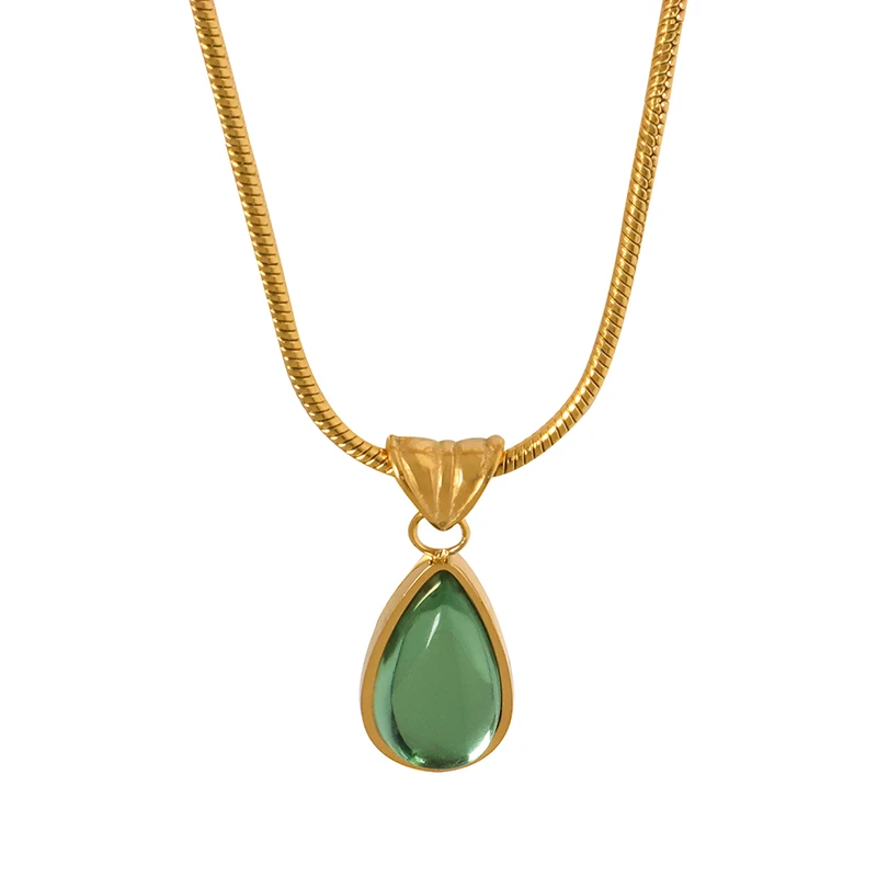Vintage Olive Green Necklace Stainless Steel Filled Gold Blue Droplet Pendant Necklace