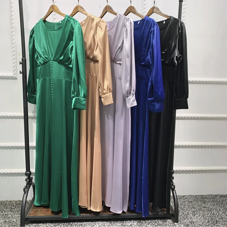 High Quality Modest Clothing Islamic Dress Solid Color Elegant Beaded Satin Muslim Women Dress