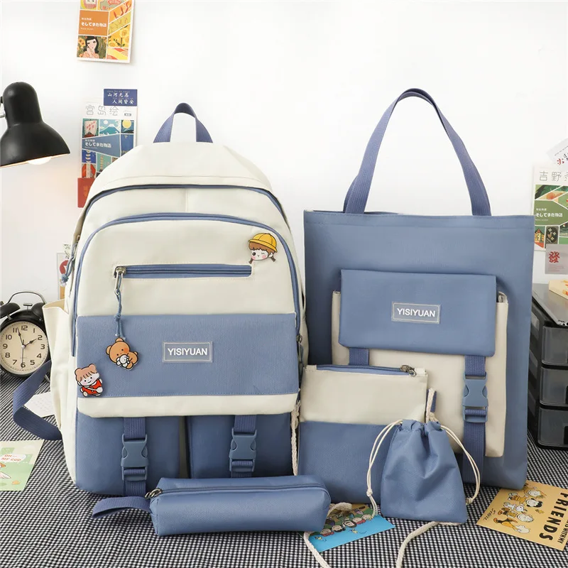 Custom summer breathable wide shoulder strap Fashion School 5-piece bags for boys and girls Student backpacks