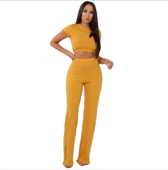 
Short Sleeve Two Pieces Set Round Neck Tops High Waist Wide Legs Long Pants women jumpsuits and rompers 