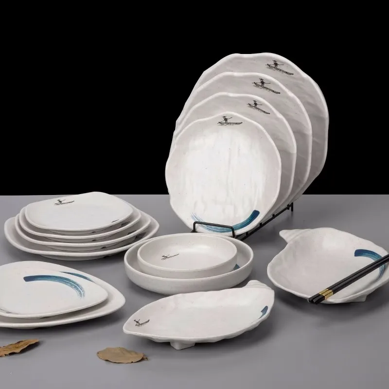 Sushi Restaurant Plate Sashimi Tray Food Grade Melamine Fast Food Tray Supplier Dining Utensil Soup Bowl White Flat Tray 1pcs