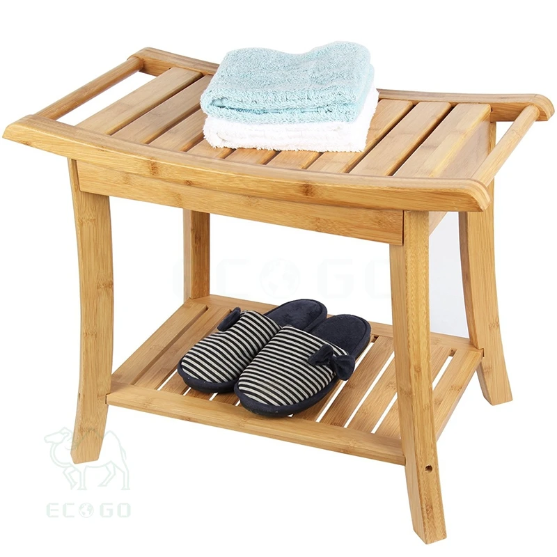 Bamboo shower stool shower bench spa seat with 2-tier storage racks shelf for indoor & outdoor