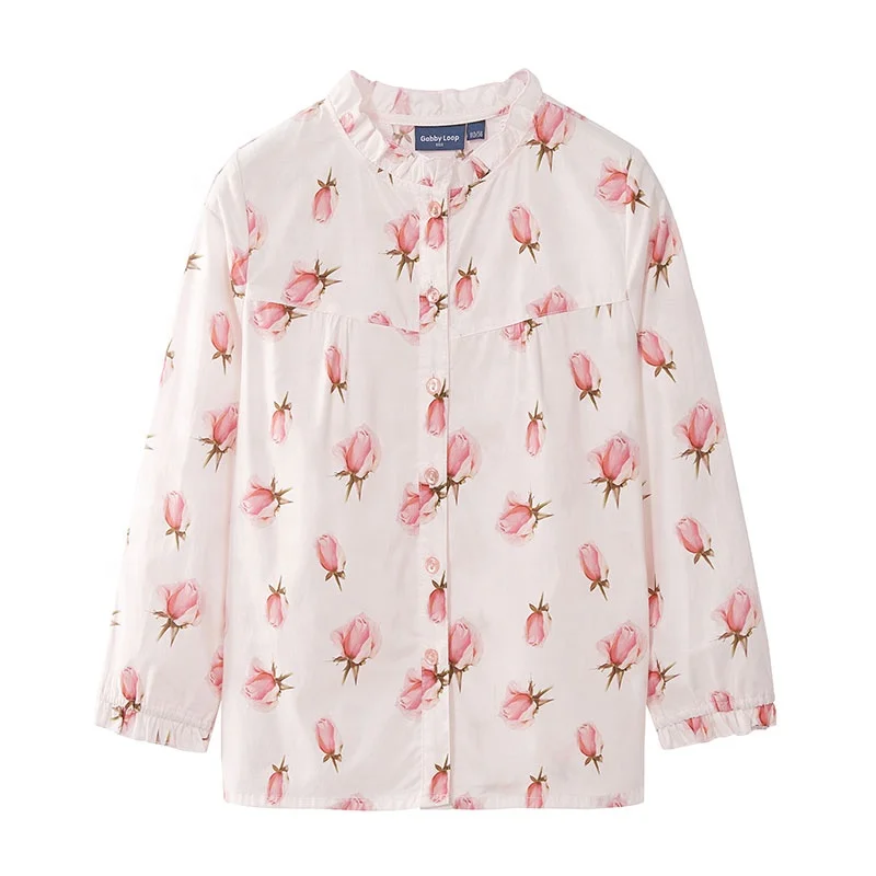 
Gabby Loop Kids Autumn Girls Ruffle Long Sleeve Flower Printed Button Down Shirts Princess Cotton Soft Tops Kid Blouse Children 