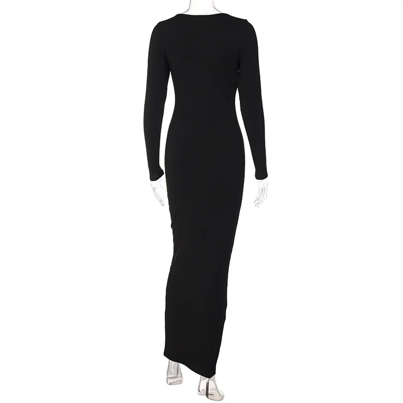 Wholesale Simple Solid Square Neck Long Sleeve Elegant Bodycon Evening Maxi Dress Ladies