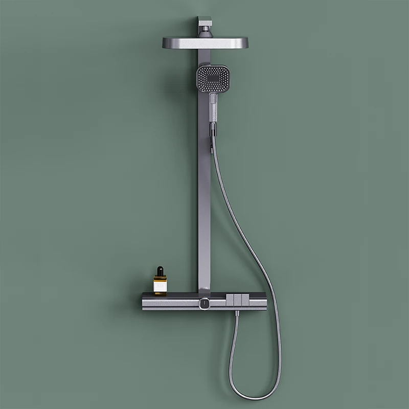 Hot selling Brass thermostatic shower mixer set Gun-grey shelf Rainfall wall mounted with square shower head Shower set