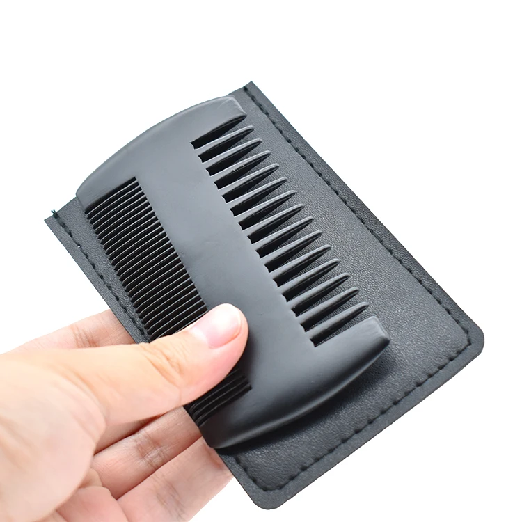 Custom logo black color fine coarse teeth anti static beard comb pocket double sided natural wooden comb with pu case