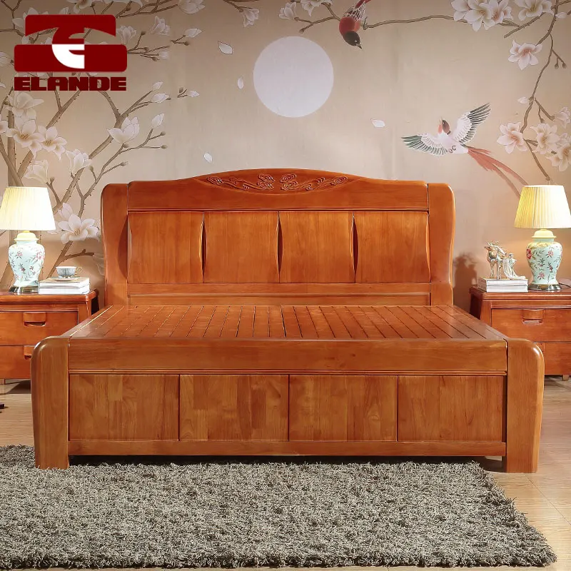 Hot-selling simple solid wood thickened bed Bedroom storage furniture Wooden double bed