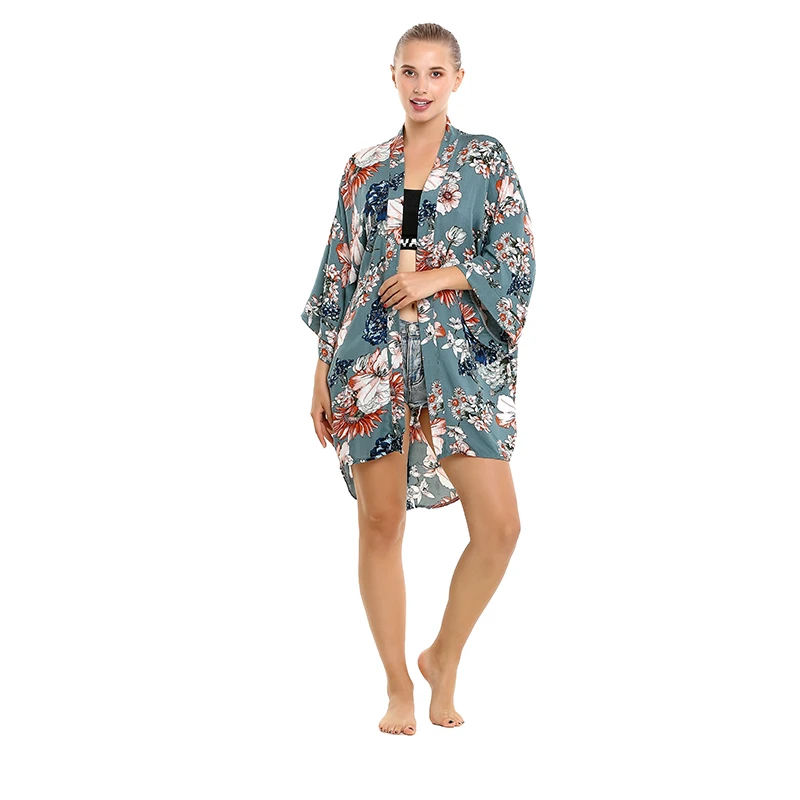 
New Arrivals 2021 Beach Kimono Dress V-neck Halfsleeve Tropical Flower Print Kimono Robe for Women 