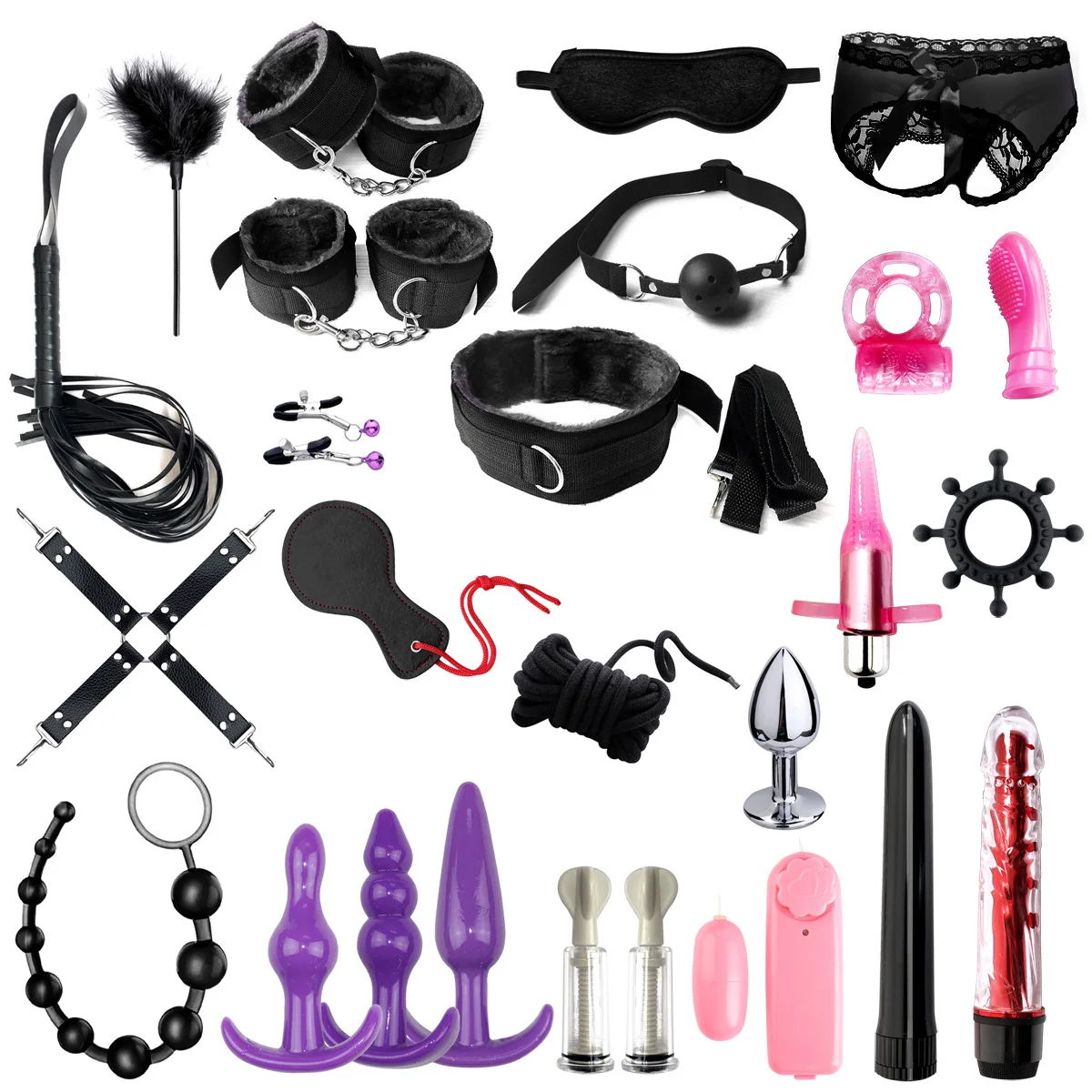 26pcs Bondage Kit For Couple Beginners Bondage Sm Slave Passion Fetish Bed Restraints Bdsm Handcuffs Gag Mask Whip Collar Sex