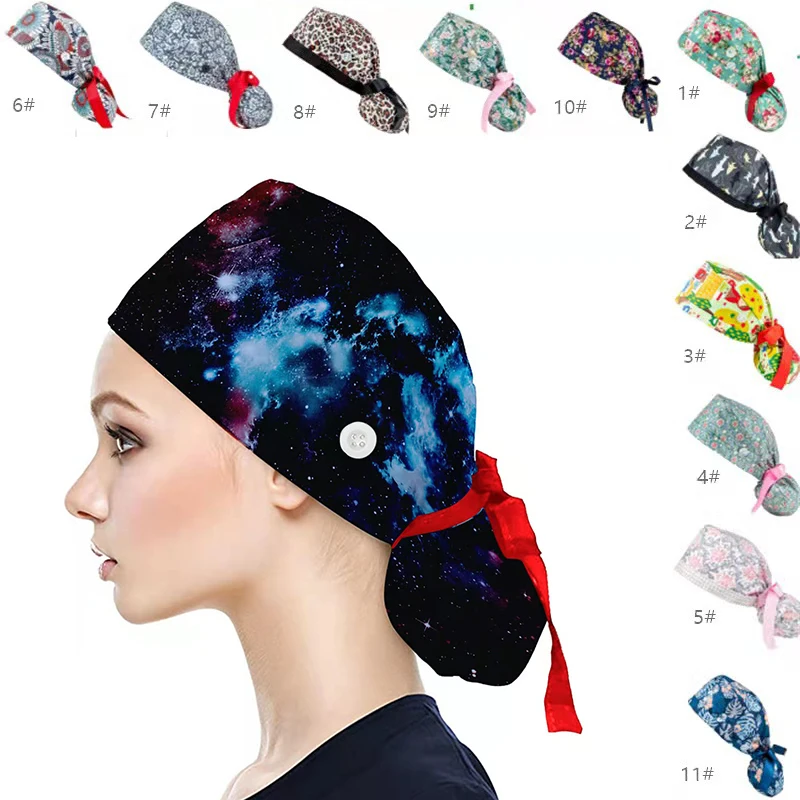 Long Tail Surgeon cap nurse hat with buttons nurse scrub hats with elastic