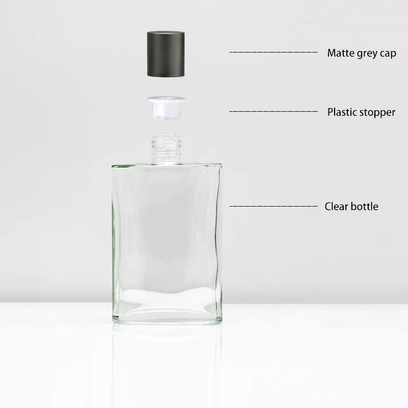 Custom flat square 140ml Rectangle Vintage Portable Empty Spray Glass Square Perfume Bottle With matter grey cap