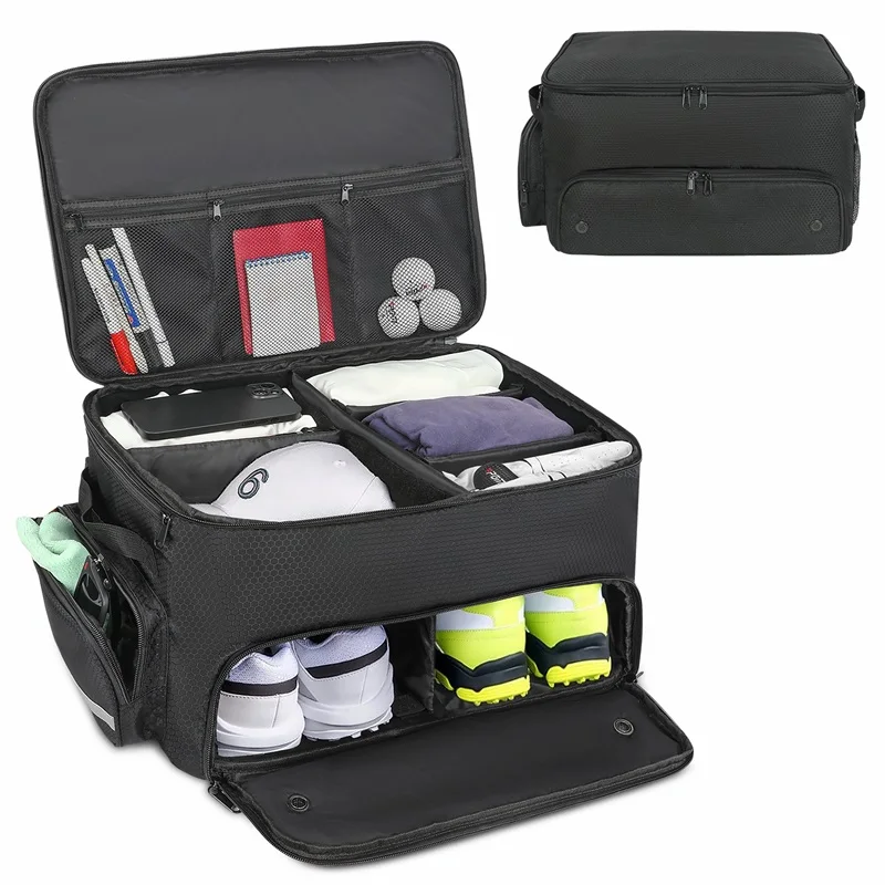 Factory OEM Waterproof Car Golf Locker Golf Travel Shoe Bag 2 Layer Golf Trunk Organizer for Balls Tees Clothes Gloves Club Brus