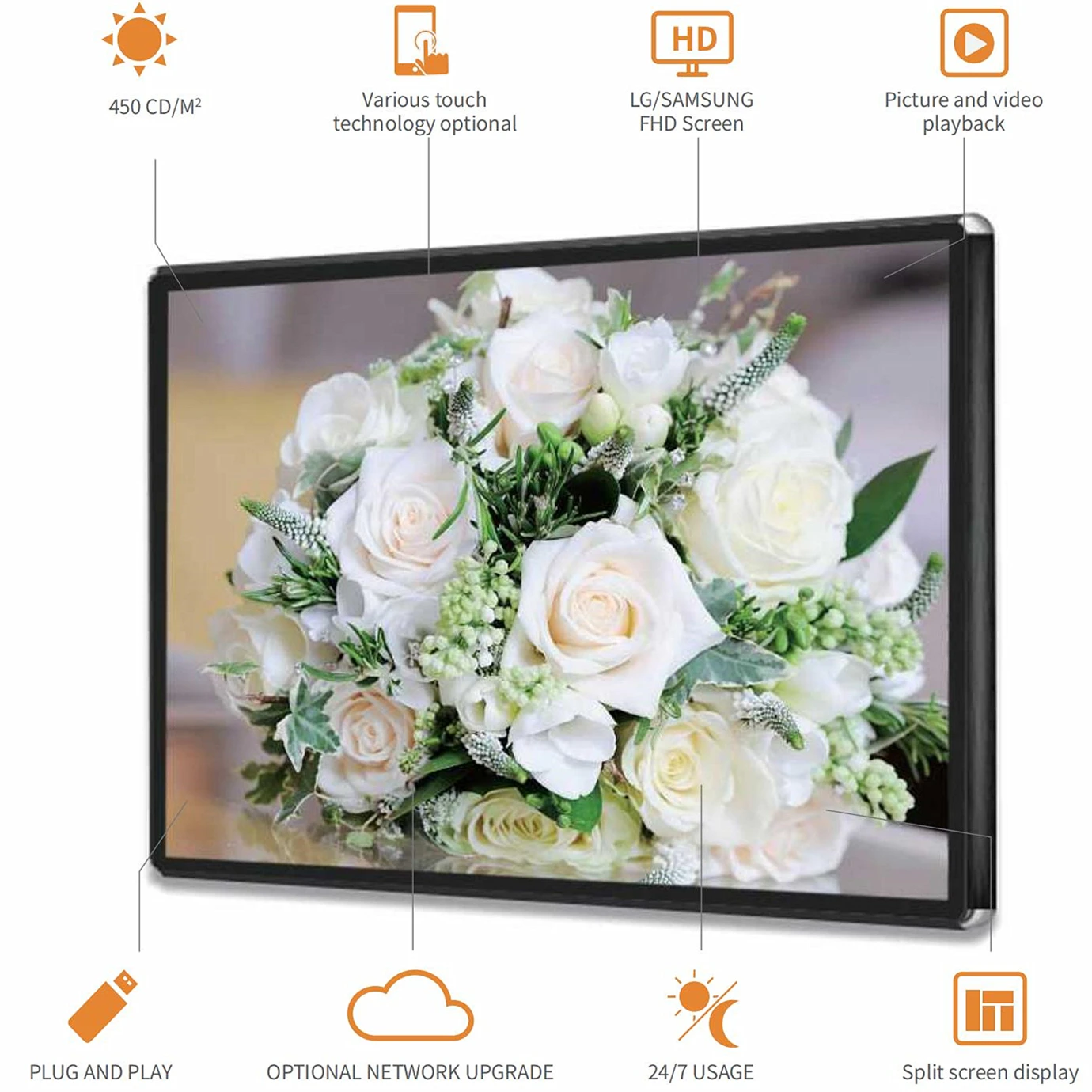 Super thin restaurant wall mount digital signage video wall lcd splicing screen vesa mountable lcd touch display