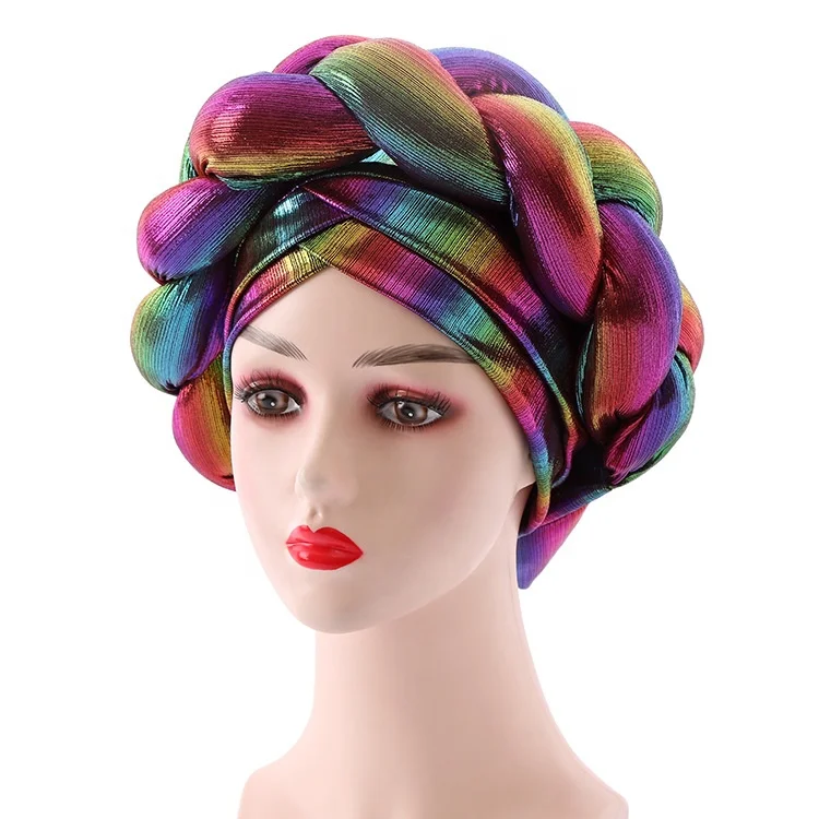 Unique Colorful African Braid Turbans For Women Auto Gele Headties Nigerian Female Turban Cross Ready To Wear Head Wraps Durag