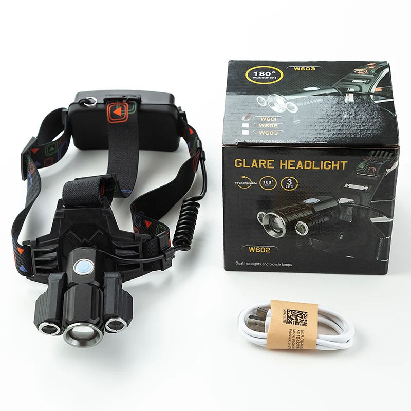 Multi-angle Zoomable Headlamp Super Bright LED Rechargeable Headlight for Running USB Cable 4 Modes 3LED
