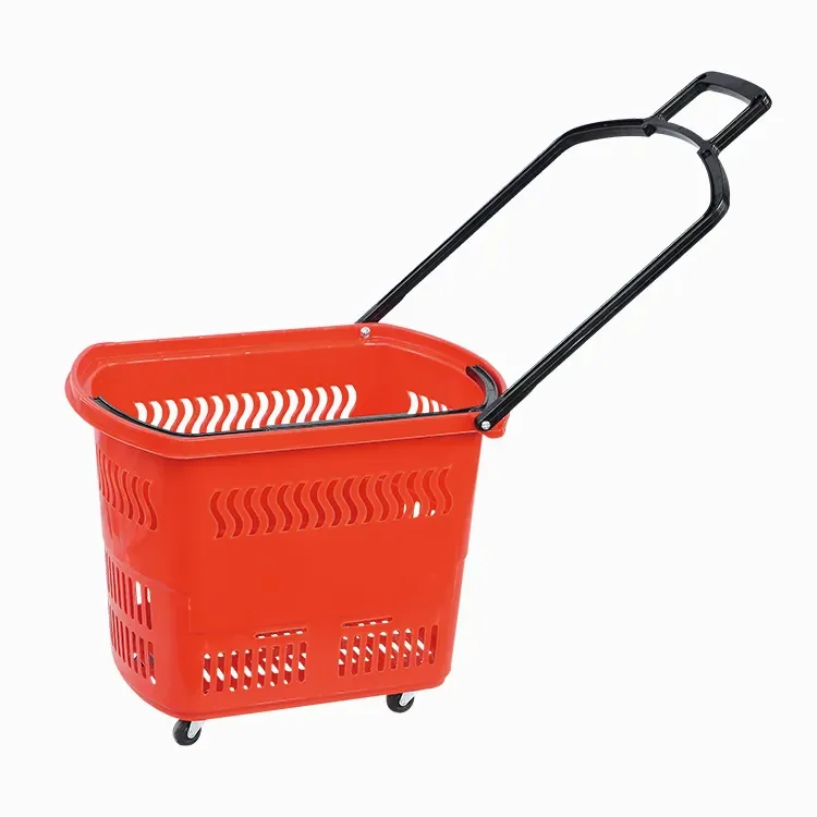 Hot Products Cheap Supermarket Pull Handle Plastic Shopping Basket With Wheels
