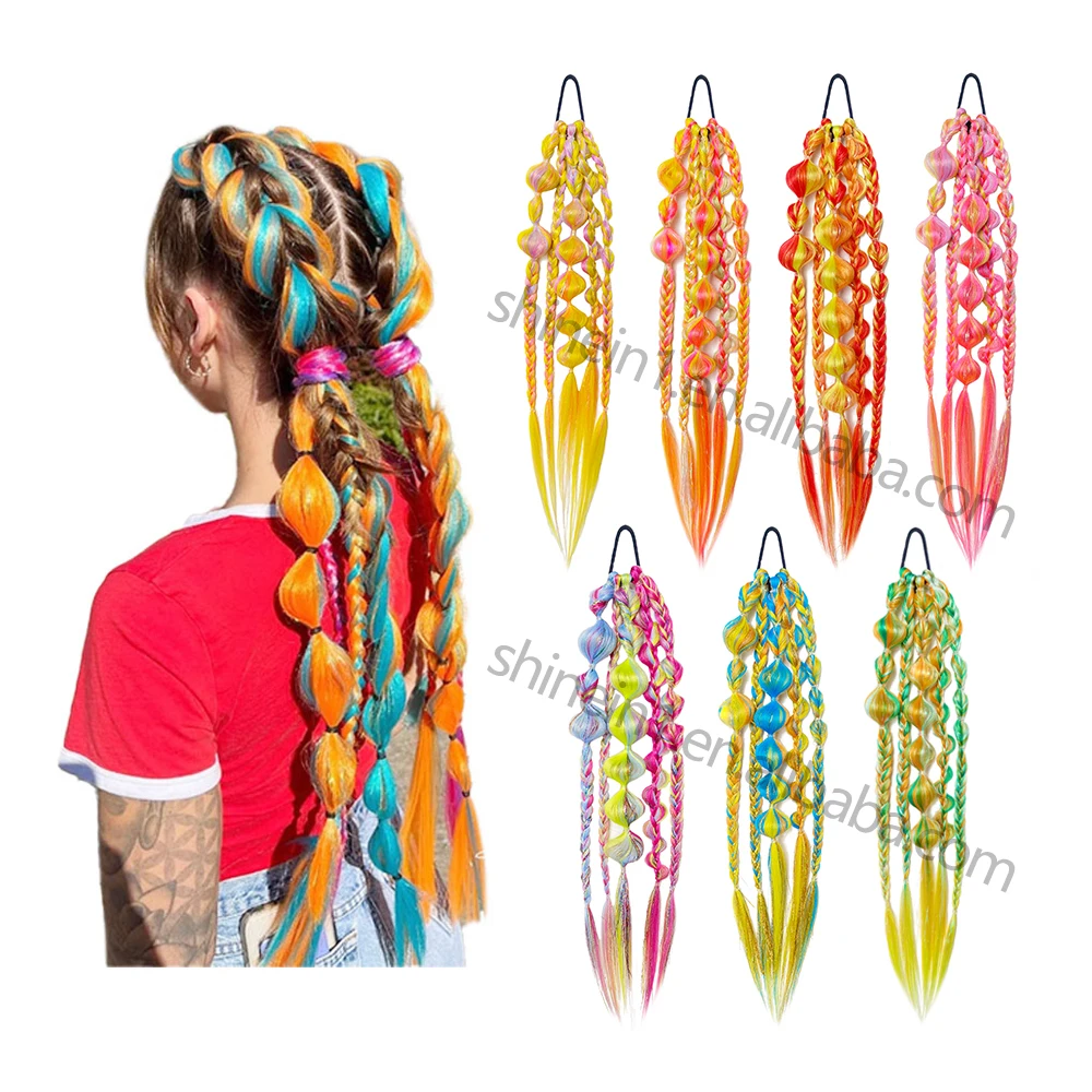 Wholesale 24inch Cosplay Handmade Crochet Colored Hair Extensions Synthetic Bubble Braid Hair Ponytail with Rubber Bands