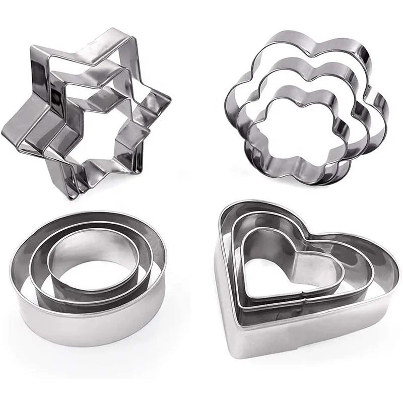 12PCS Flower Round Heart Star Shape Biscuit Cookie Cutter Baking Stainless Steel Metal Molds