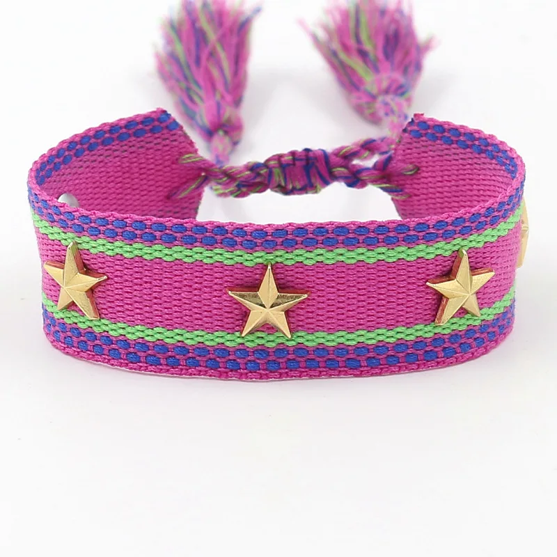 Metal star rivet ribbon woven tassel wrist strap with tassel handmade woven bracelet with texts