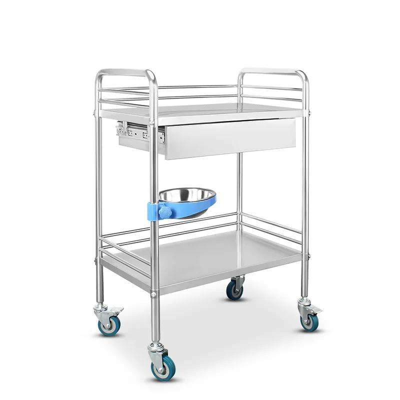 2-layer stainless steel hospital trolley nurse cart for dental clinic home use