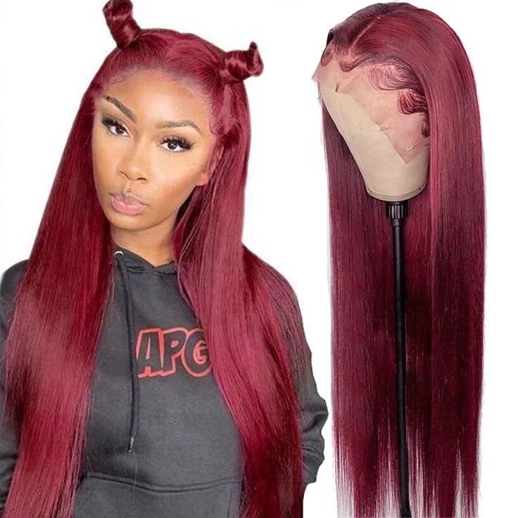 Colored Human Hair Wig Straight 99J Lace Front Wigs Brazilian 99J Burgundy Red Long 30 Inches Swiss HD Lace Frontal Wig