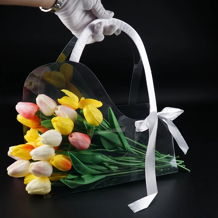 Custom Portable Transparent Fresh Flower PET Box Bouquet Handbag Flowers Wrapping Festivals Party Gift Rose Flower Package Bag