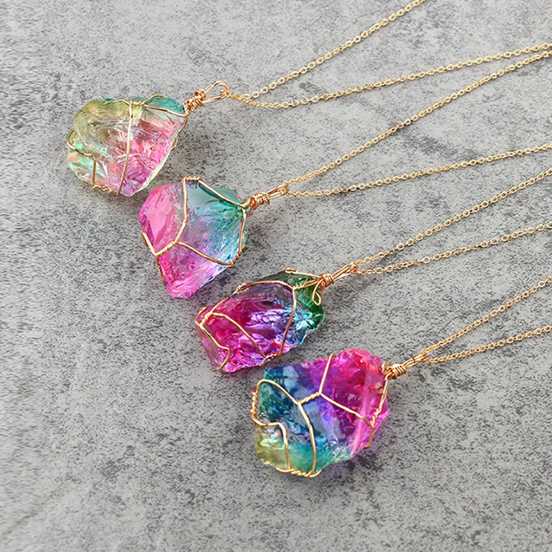 Copper wire winding strange Energy stone Crystal Healing Stone pendant necklaces
