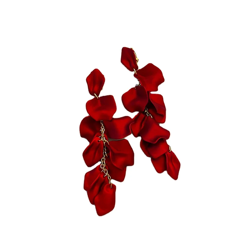 Vintage red rose petal earrings Chinese style festive Spring Festival earrings Fashion temperament earrings