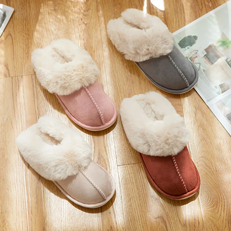 2022 Winter Warm Cow Suede Leather Flat Indoor Outdoor Winter Fluffy Sheepskin House Shoes Slippers Women