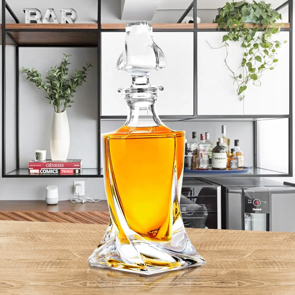 Home Barware Premium 25 oz Crystal Clear Glass Twisted Whiskey Decanter with Stopper for Party Birthday Wedding