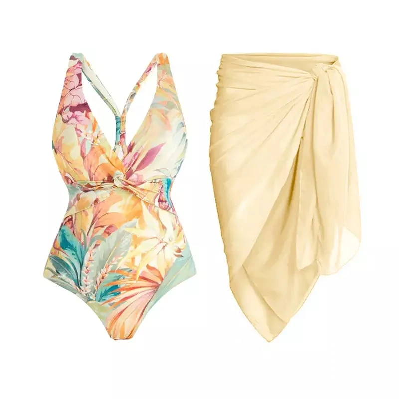 Новинка 2022 Модный сплошной купальник с цветочным принтом и перекрестным вырезом для девушек богемный купальный костюм-саронг юбкой OEM