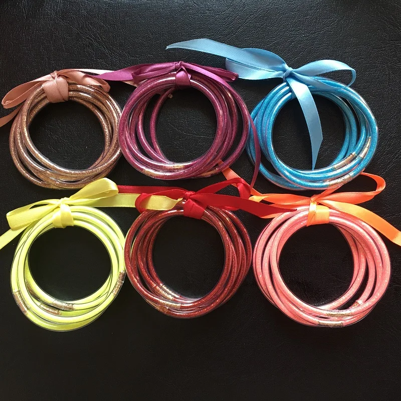 2020 Silicone Bracelet 5pcs/set Glitter Filled Jelly Round Bangle colorful neon color girl bangle bracelet