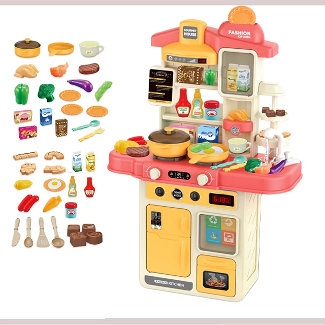 DIY 42 PCS Battery Operated Light UP Music Water Function Child Assemble Cooking Table Kitchen Play Set Toy for girl