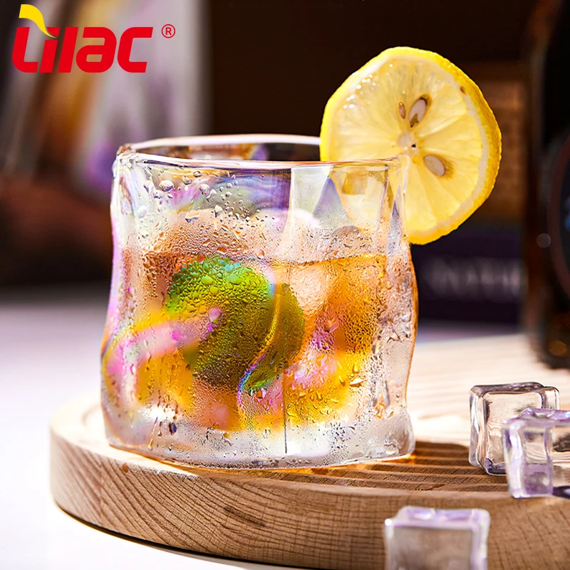Lilac BSCI SGS LFGB 260ml spinning whiskey custom logo decoration glass colored crooked rock glass cup