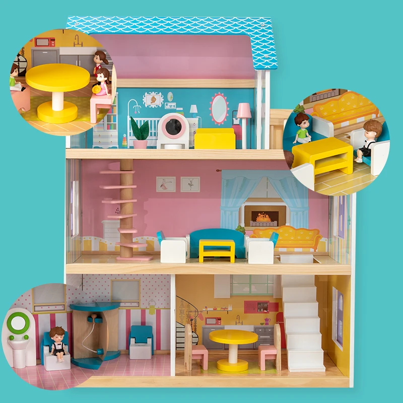 2022 new style children play house simulation wooden three tier mini doll house toy dollhouse for kids