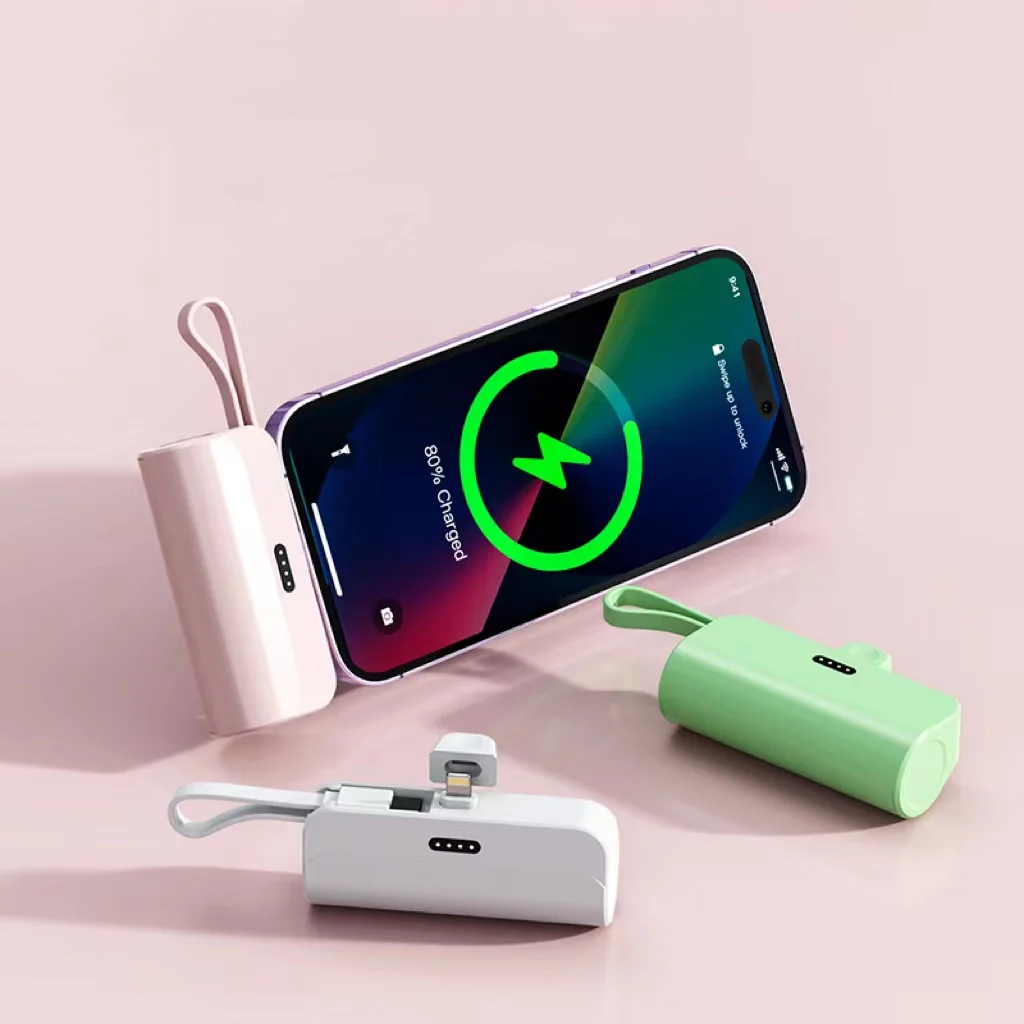 2 in 1 Plug-In Mini Powerbank Double Charge 5000mah 3000mah Small Capsule Power Bank With Cable and Holder