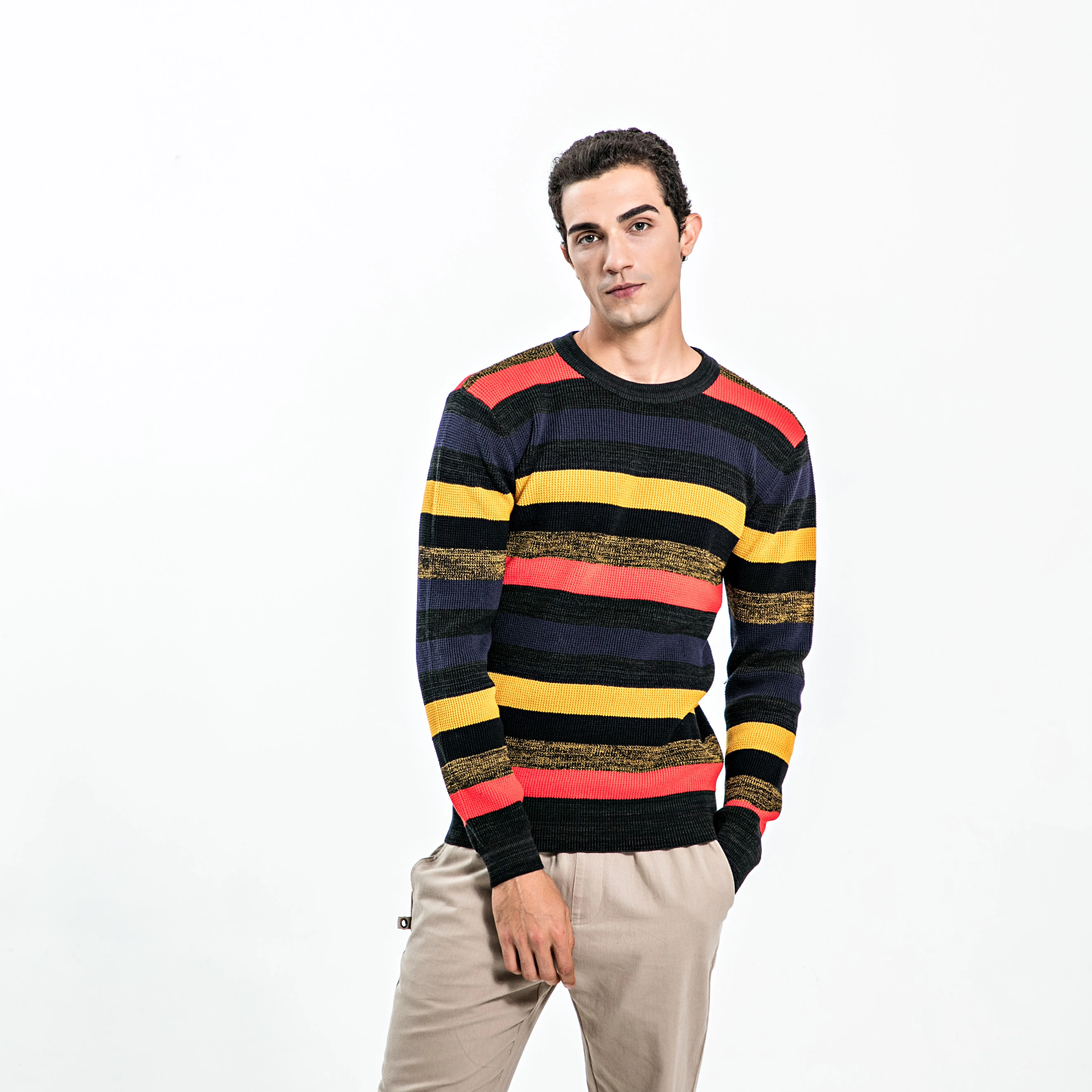 Полосатые мужские свитеры по индивидуальному заказу, пуловер с круглым вырезом, свитер, вязаный джемпер, трикотажная одежда