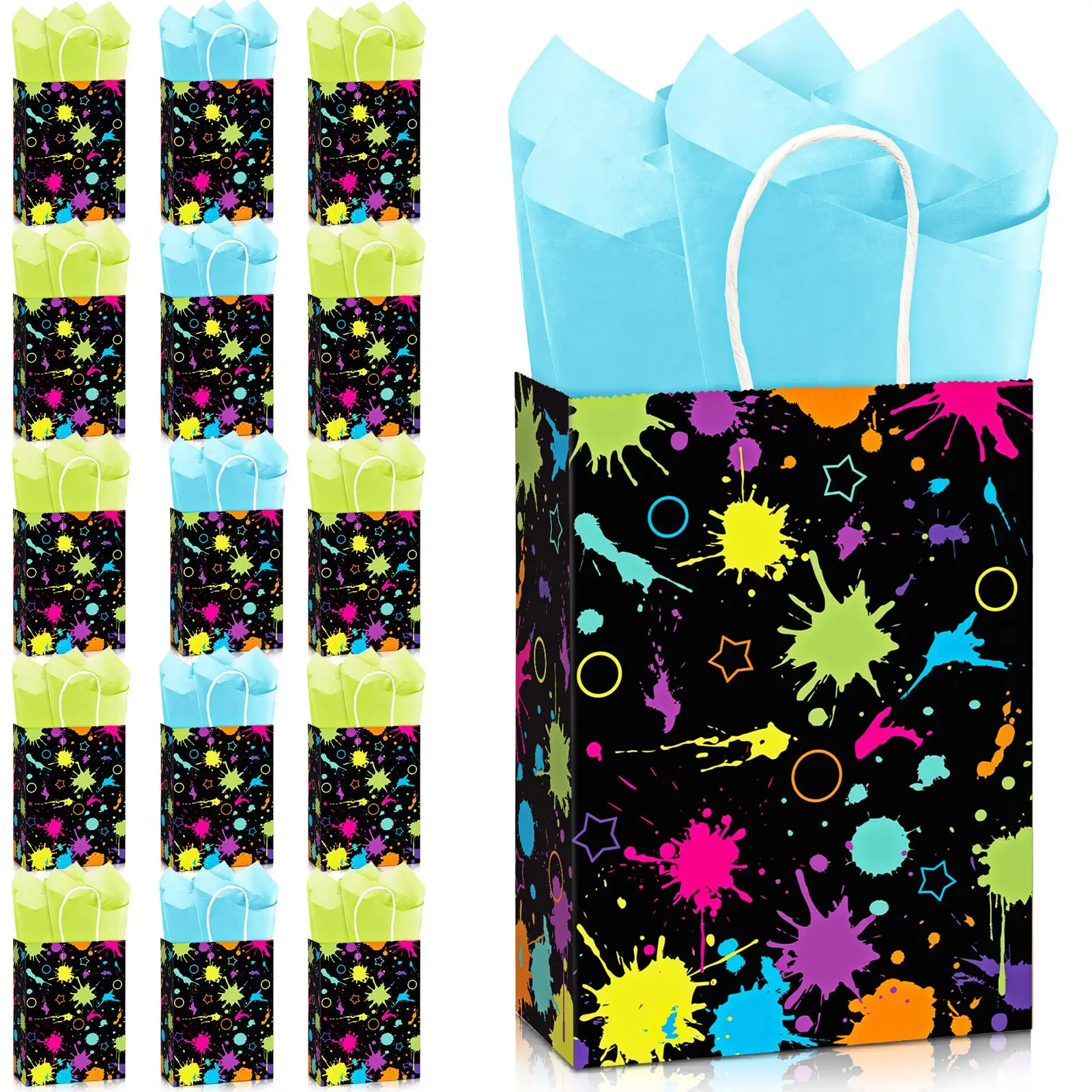 Glow Party Bags with Tissue Paper Neon Party Gift Bags Neon Birthday Party Supplies Glow in The Dark Favor Bags