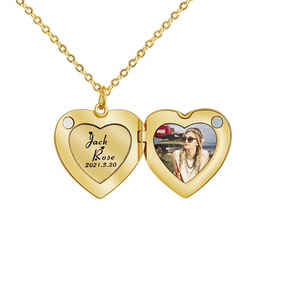 Creative customize Heart Angel wing photo box Pendant Stainless Steel Diamond Heart Opelable photo frame clavicle Necklace