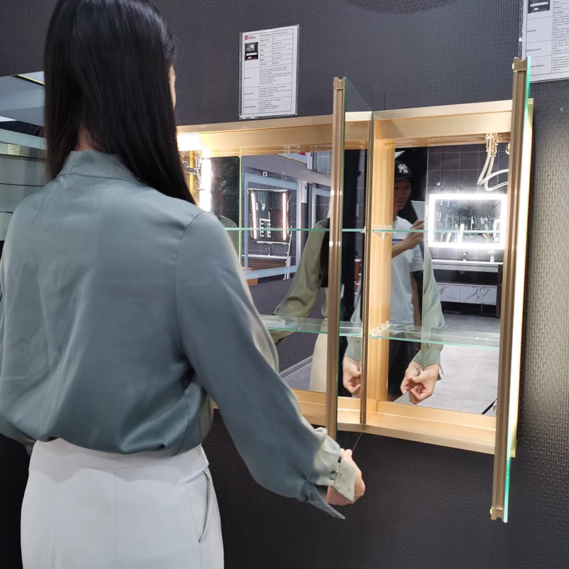 Factory customized 1,2,3 doors tempered glass led medicine cabinets Vanity touch sensor CCT 3 lights bathroom mirror cabinet