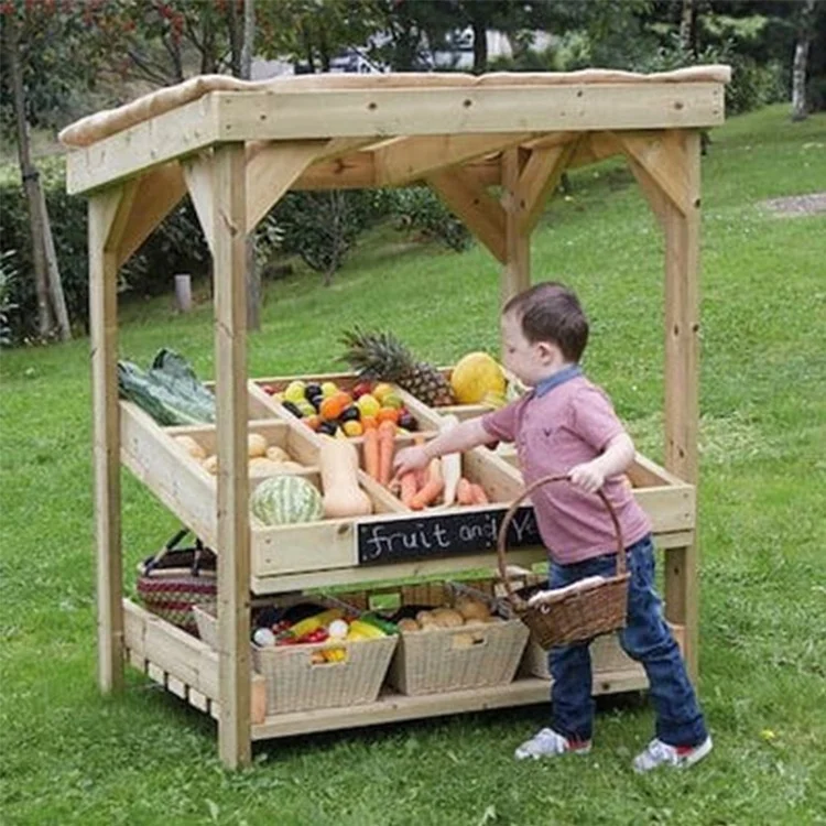 Outdoor Solid Wooden Children Role Play Centre 2 Tires Robust Market Fruit And Veggie Stall For Kids