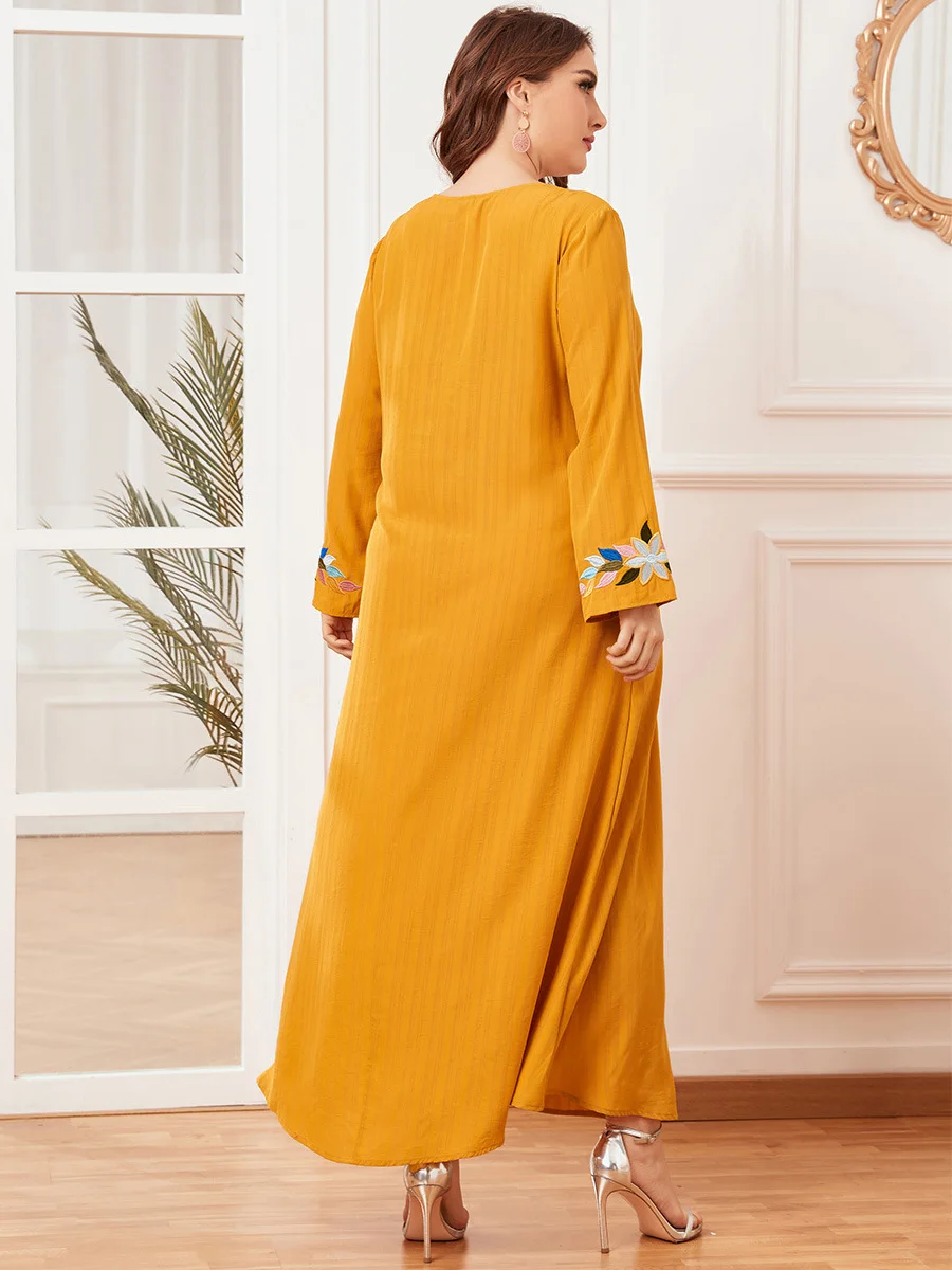 2021 women embroidered dress yellow printed muslim dress