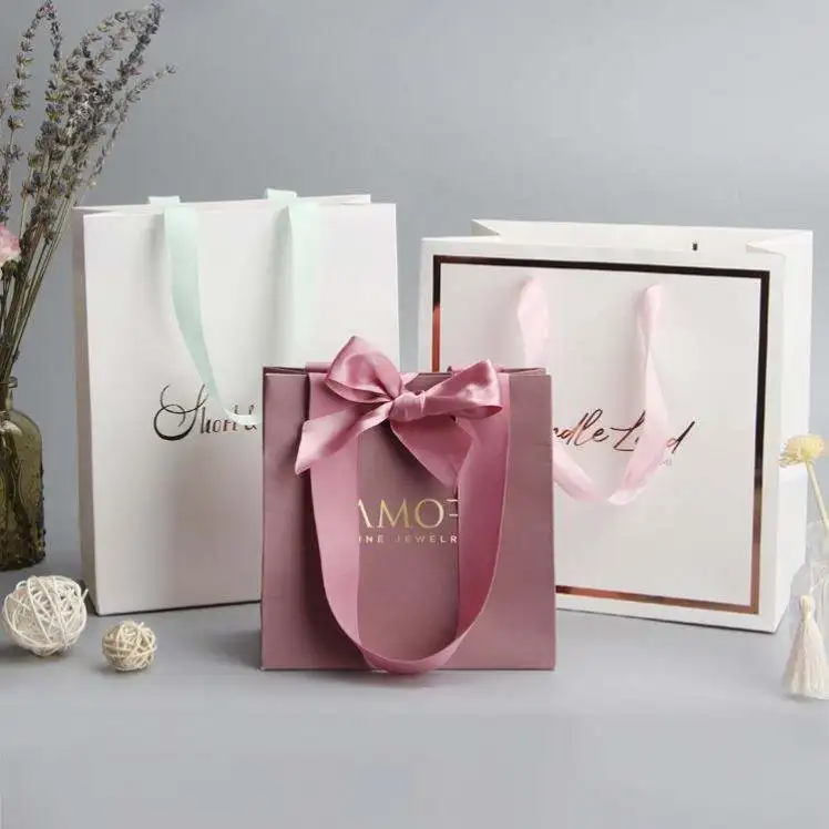 Personalized Customized Design Luxury Printing Logo Shopping Gift Cardboard Kraft Paper Handbag with Ribbon Handle for Clothing
