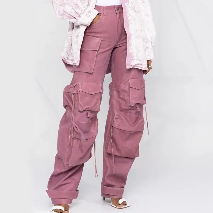 Women High Waist Multi Utility Pockets Straight Leg Cargo Pants Punk Style Faux Leather Stacked Trousers Plus Size Pants